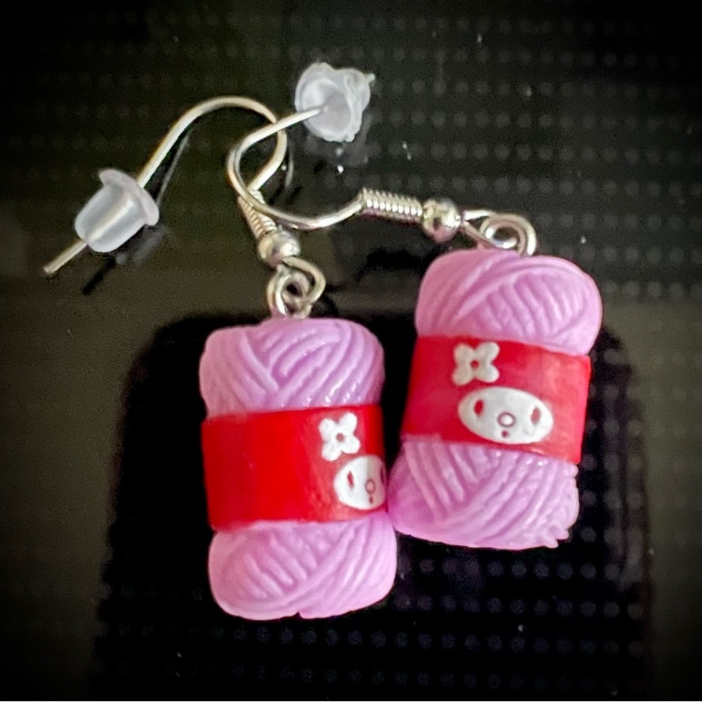 Kawaii Pink Yarn Ball / Skein Earrings - Pink, Red, & White